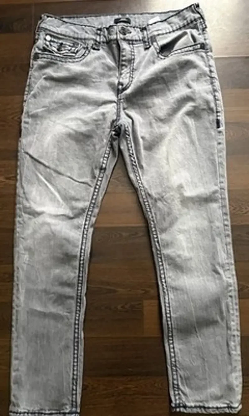 True Religion Rocco Relaxed Skinny Super T Grey Wash Jeans 38